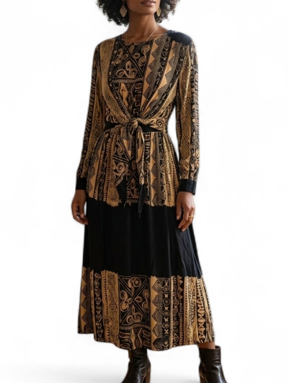 Beverly Rose Vintage 90s Rayon Abstract Tribal Print Maxi Dress Boho Whimsigoth